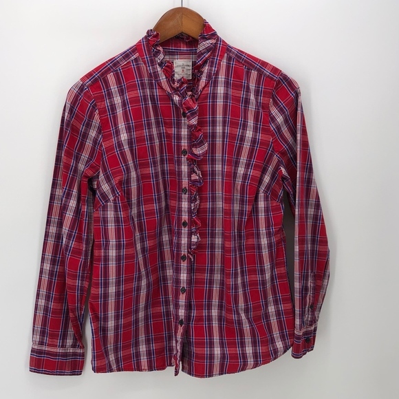 Gap Fitted Boyfriend Red Plaid Shirt Ruffle MP - Picture 1 of 7